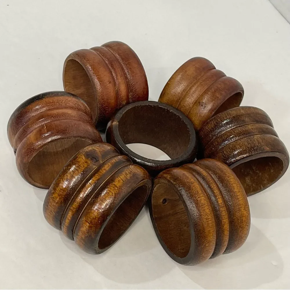 Rustic Wood Napkin Rings MCM Retro Cabin Farmhouse Casual Dark Brown Set of 7